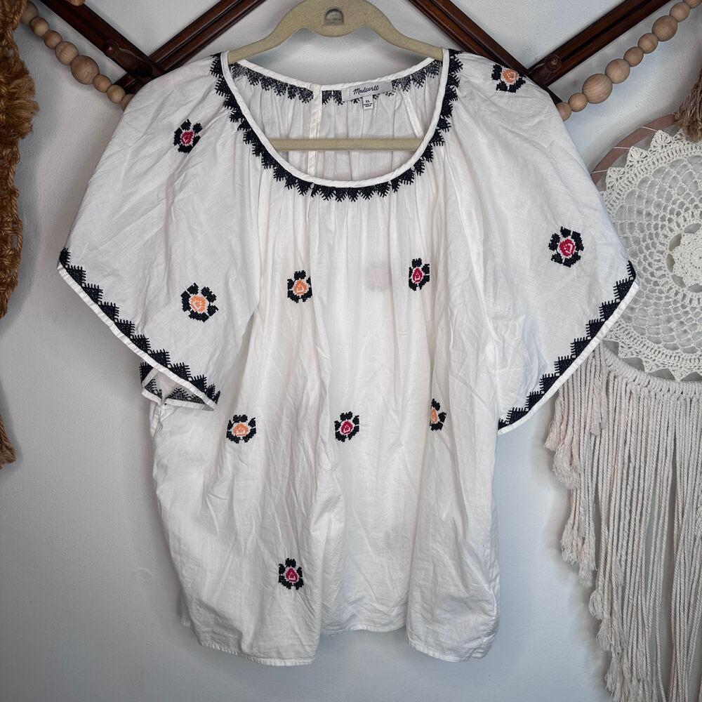 Madewell White Embroidered Floral Top